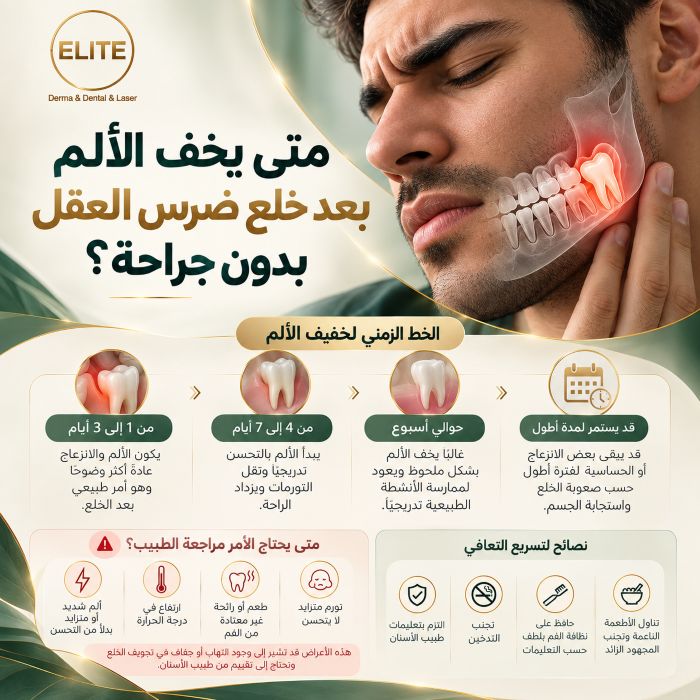 متى يخف الألم بعد خلع ضرس العقل بدون جراحة؟